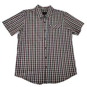 PRANA Breathe Red Navy Brown Plaid Short Sleeve Button Up Organic Cotton size l